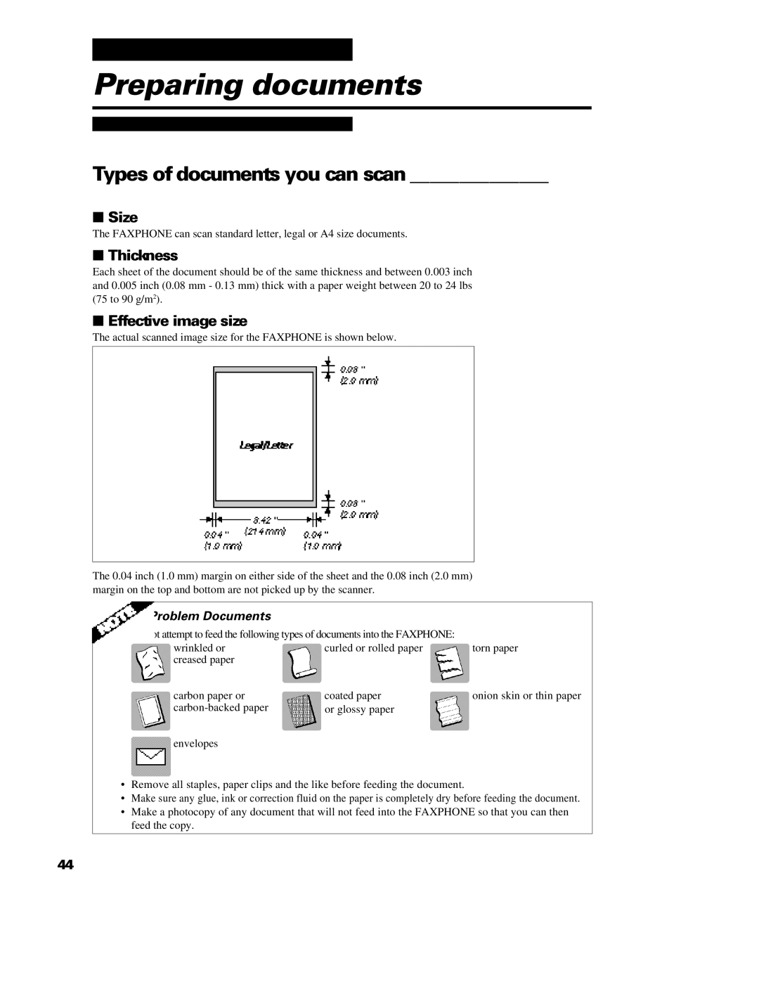 Canon B640 manual Preparing documents, Types of documents you can scan, Size, Thickness, Effective image size 