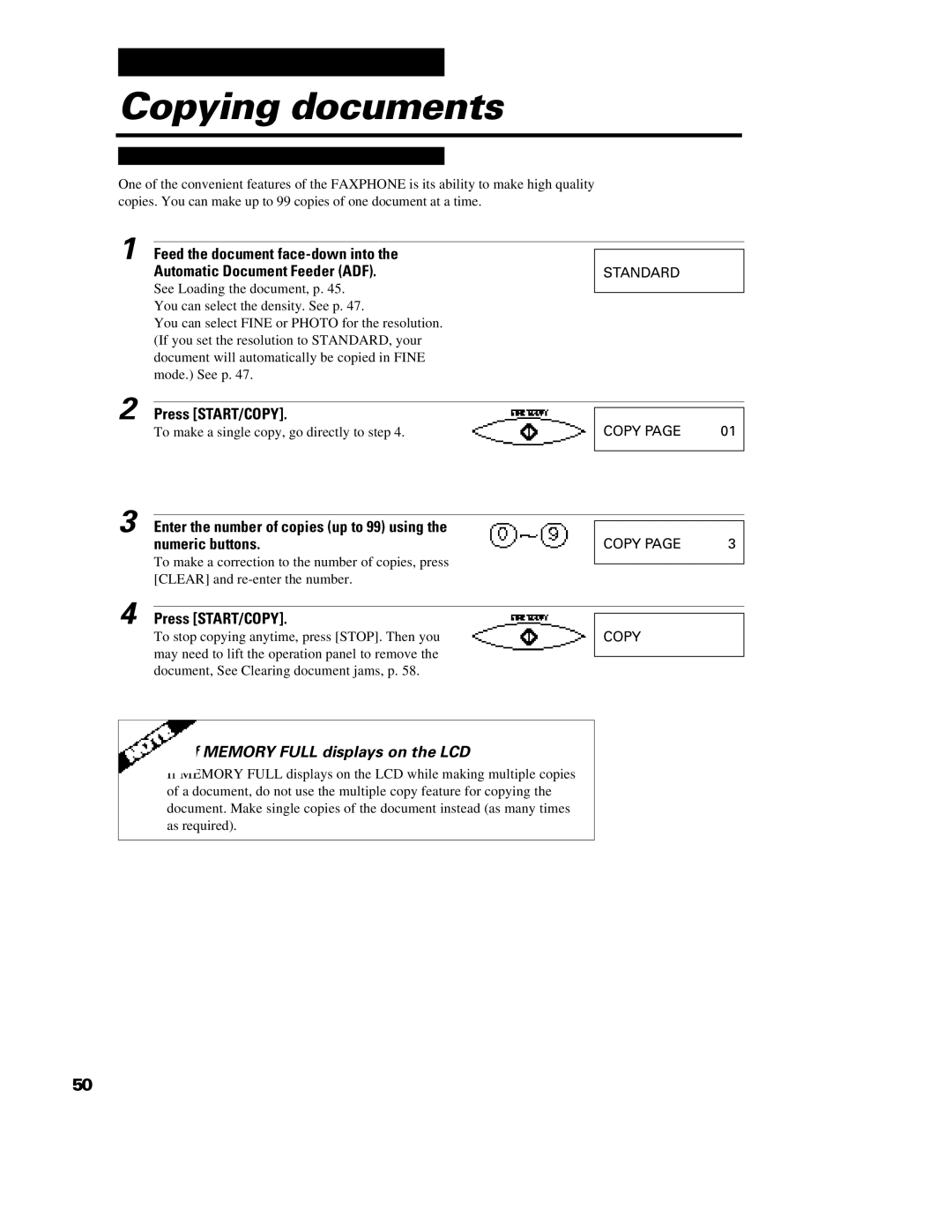 Canon B640 manual Copying documents, Enter the number of copies up to 99 using Numeric buttons 