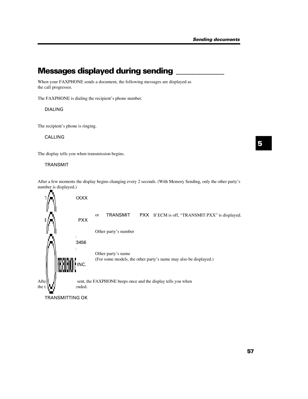 Canon B640 manual Messages displayed during sending, Transmit 