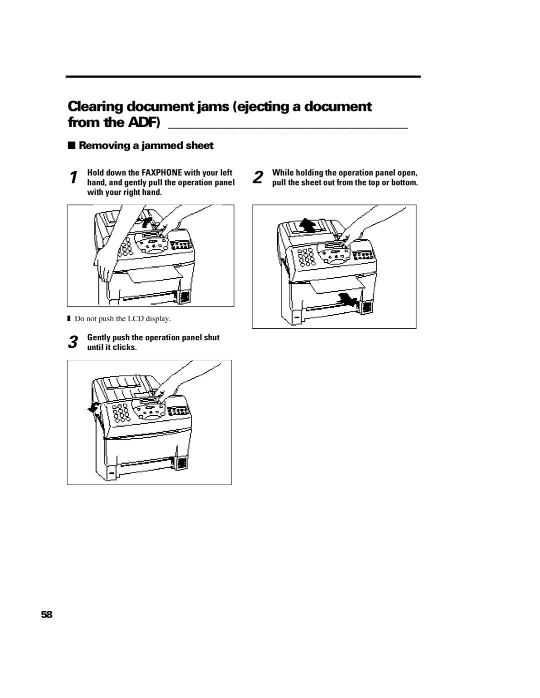 Canon B640 manual Clearing document jams ejecting a document from the ADF, Removing a jammed sheet, Until it clicks 