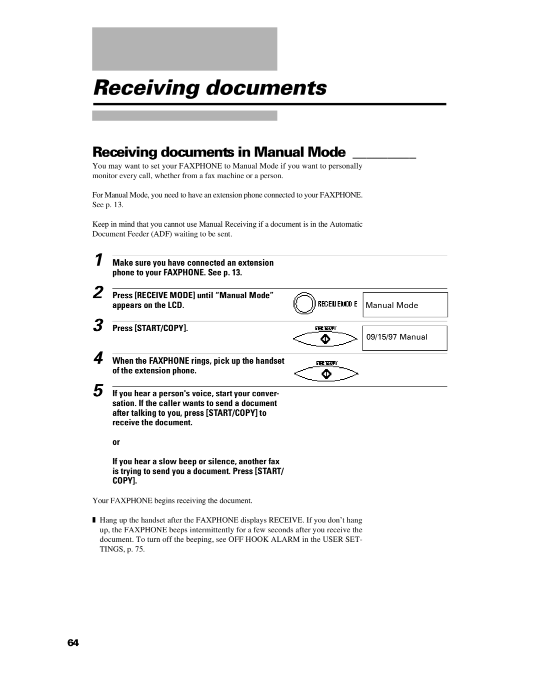 Canon B640 manual Receiving documents in Manual Mode 