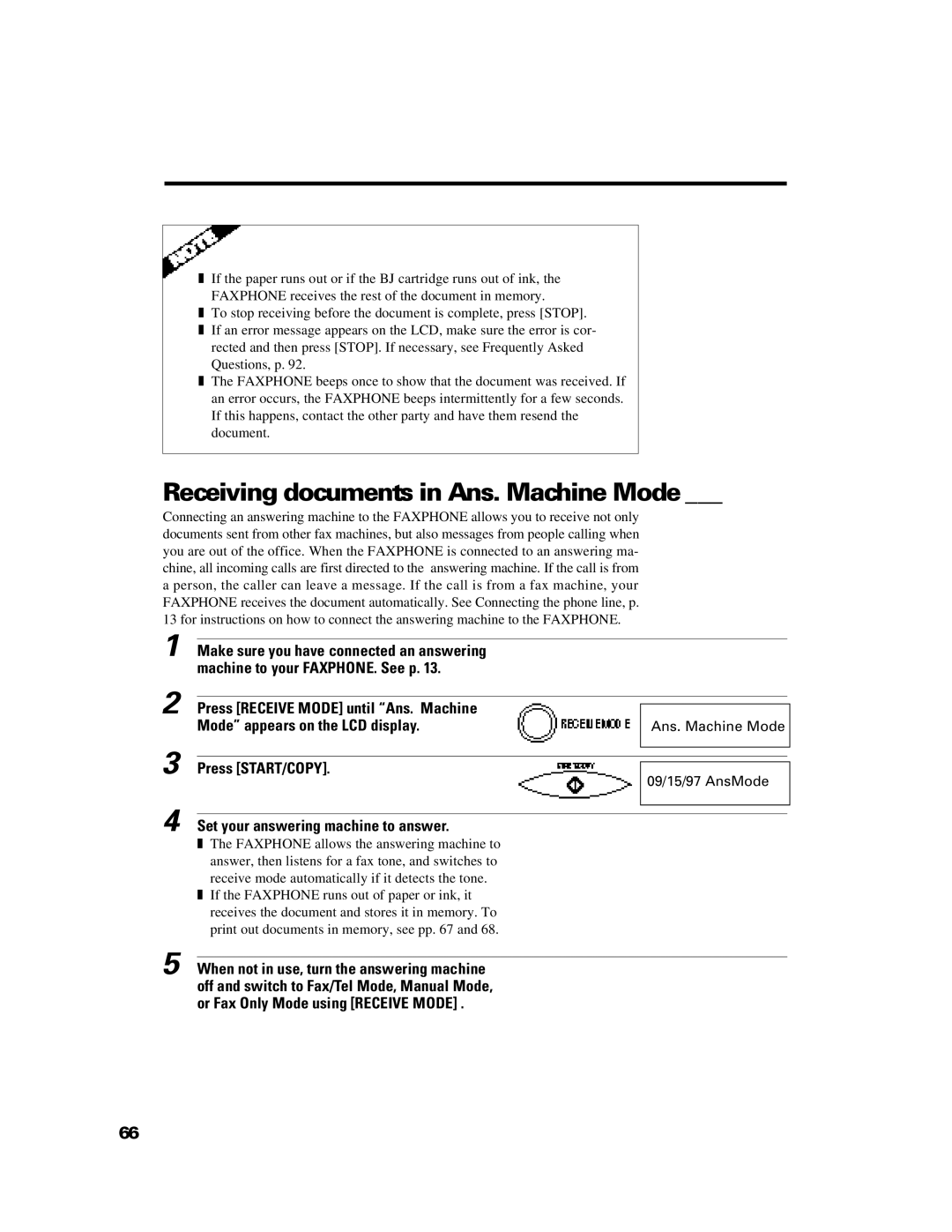 Canon B640 manual Receiving documents in Ans. Machine Mode, Set your answering machine to answer 