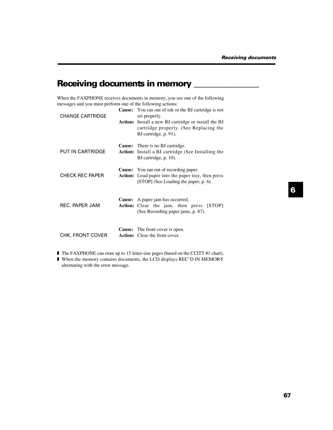 Canon B640 manual Receiving documents in memory 