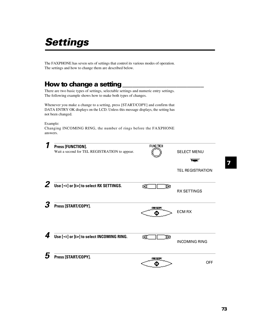 Canon B640 manual How to change a setting, Use or to select RX Settings, Use or to select Incoming Ring 