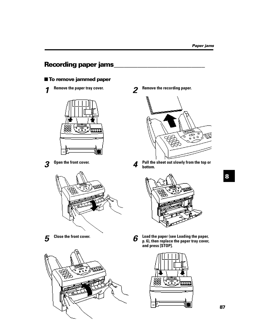 Canon B640 manual Recording paper jams, To remove jammed paper, Open the front cover, Bottom, Close the front cover 