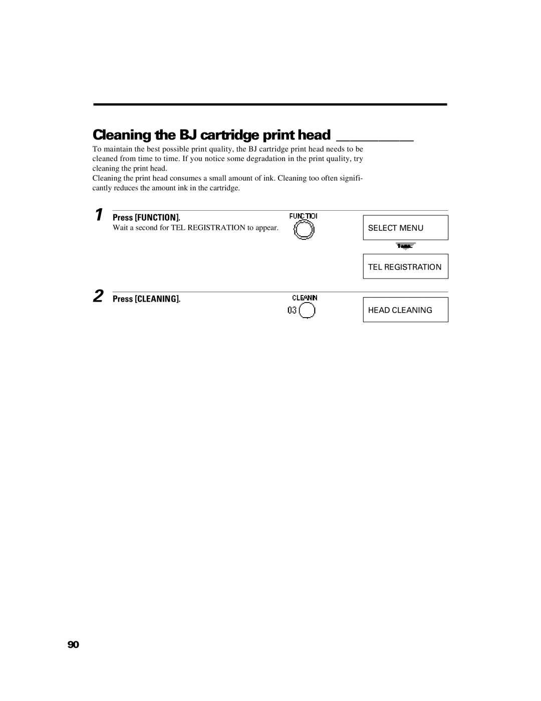 Canon B640 manual Cleaning the BJ cartridge print head, Press Cleaning 