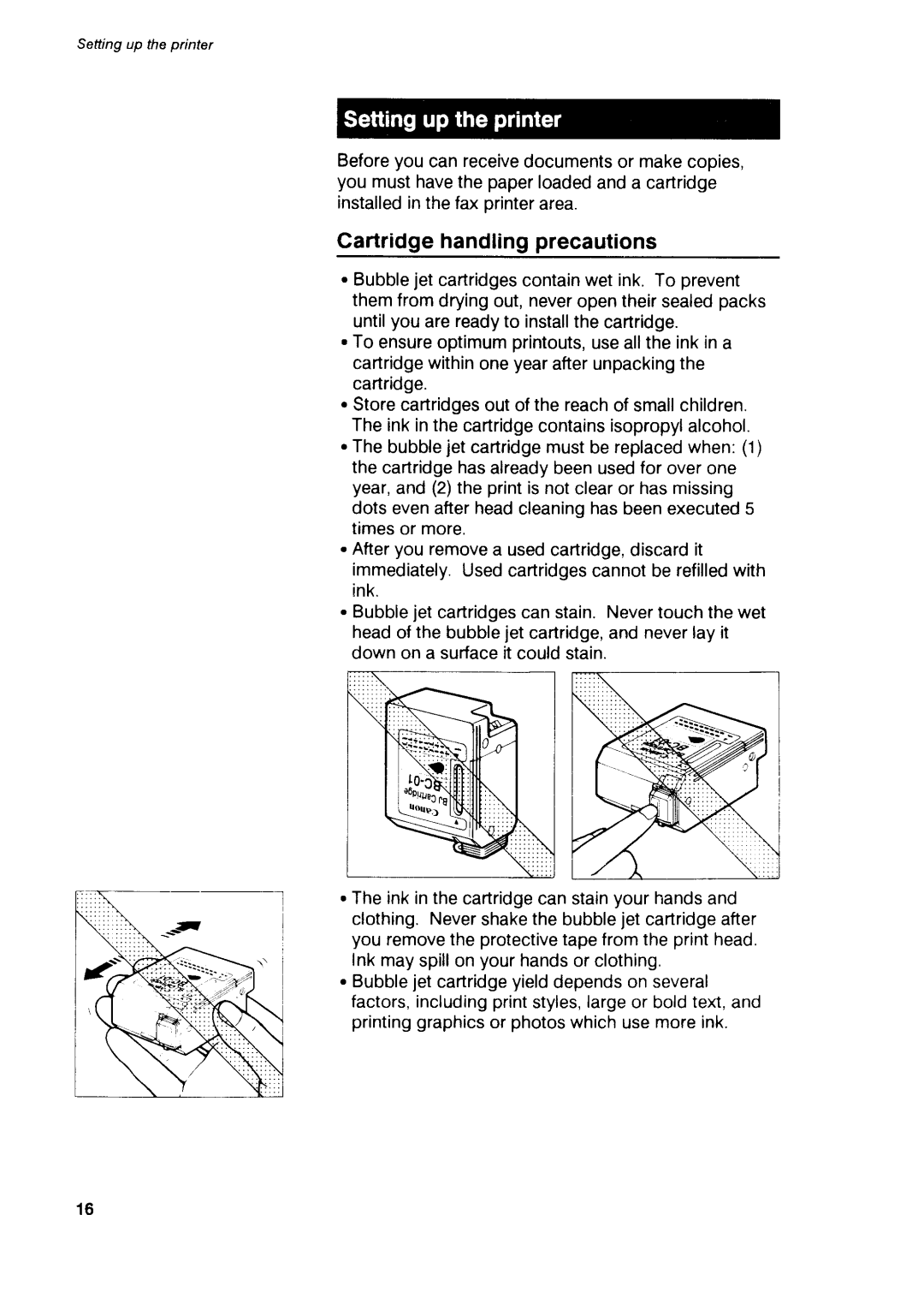Canon B75 manual Cartridgehandlingprecautions, Setting up the printer 