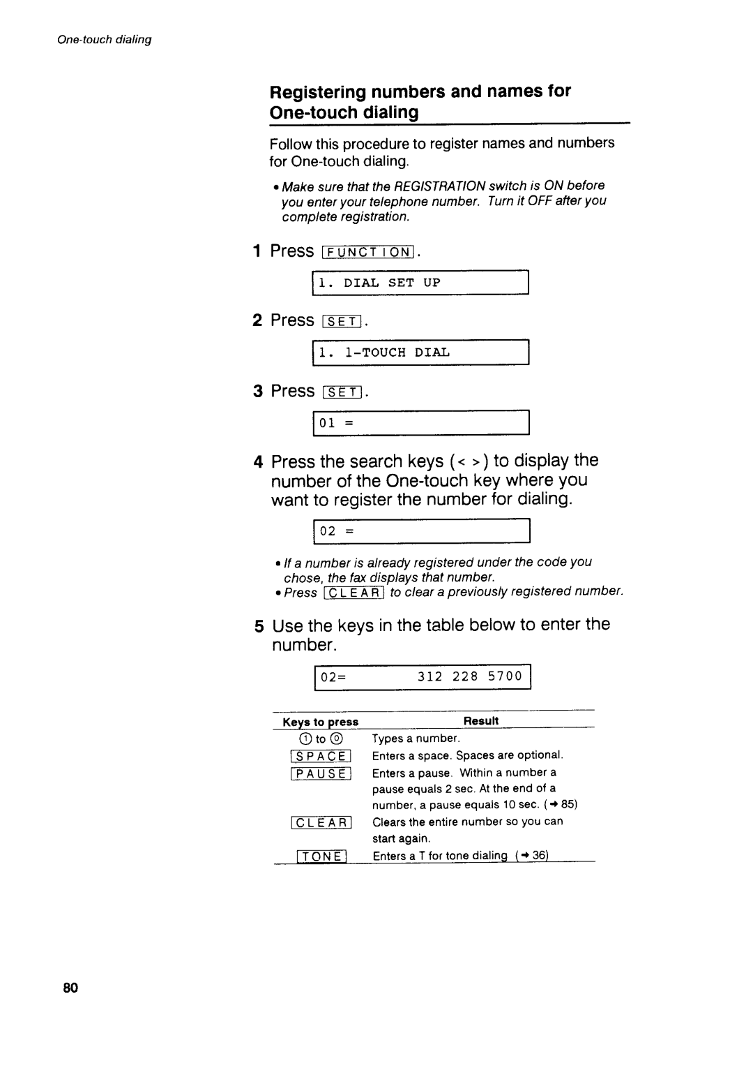 Canon B75 manual RegisterinEnumbersandnamesfor One-touchdialing, Pressts€-T, Usethekeysinthetablebelowto enterthe number 