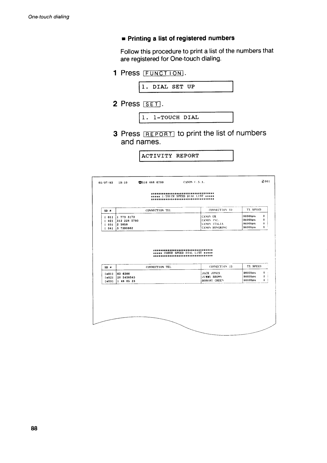 Canon B75 manual PressfsET, Press FUnc-T-ToFl, PresslrEToFTl to printthe listof numbers and names 