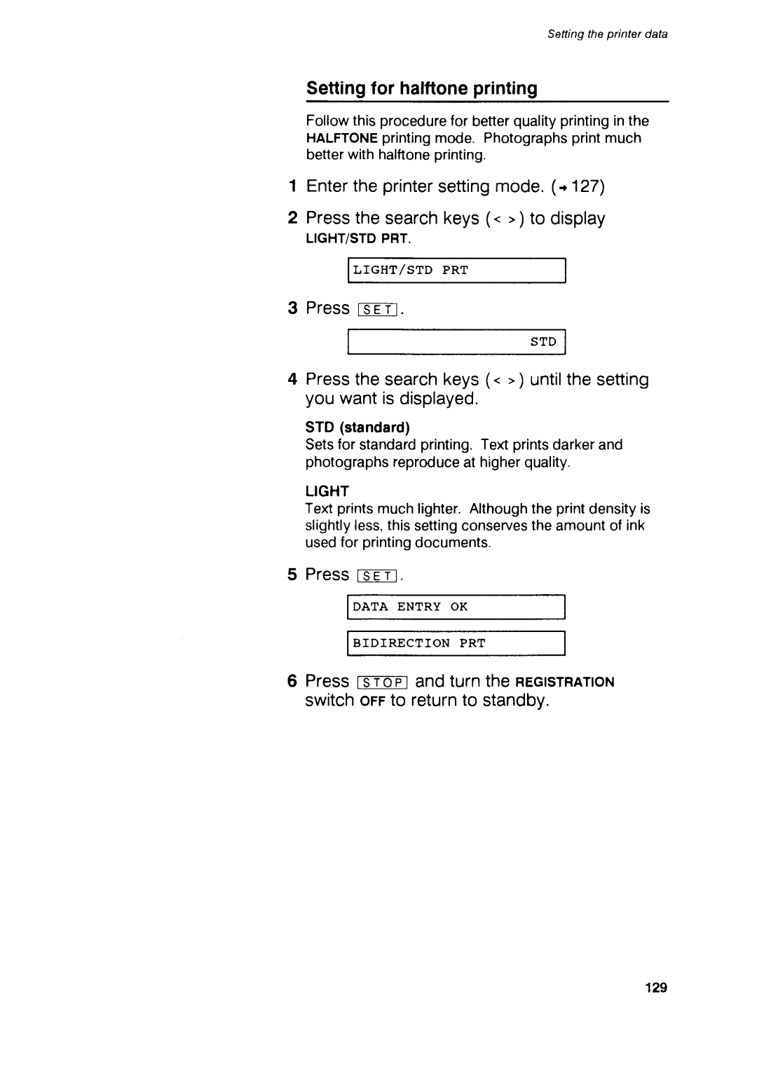 Canon B75 manual Settingfor halftoneprinting, PressreETt, Pressthesearchkeys. untilthesetting youwantisdisplayed, PressitET 