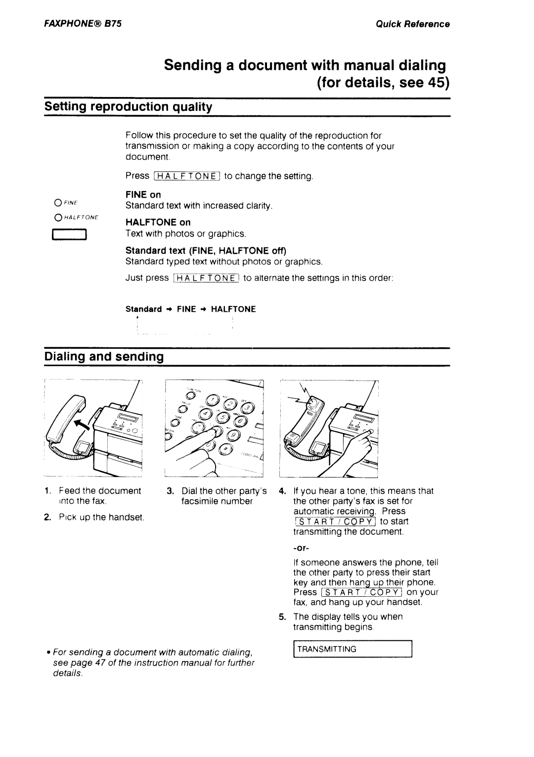 Canon B75 manual Settingreproductionquality, Dialingand sending 