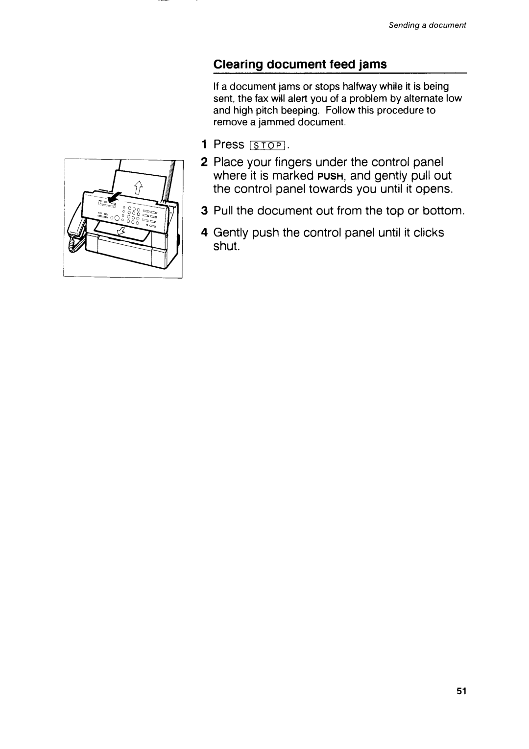 Canon B75 Glearingdocumentfeedjams, Pullthedocumentoutfromthetopor bottom, Gentlypushthecontrolpaneluntilit clicks, Shut 