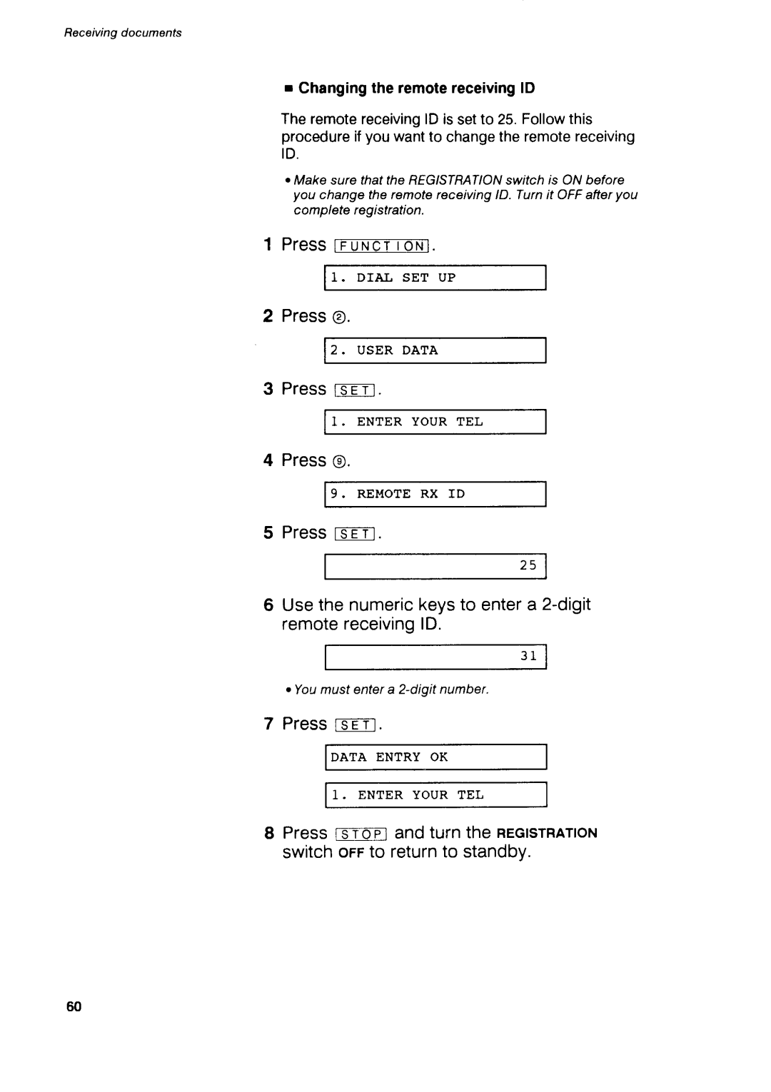 Canon B75 manual PressFnxerro-m, Pressts-r, PressrcETt, Pressfs-trn, Usethe numerickeysto entera 2-digit remotereceivinglD 