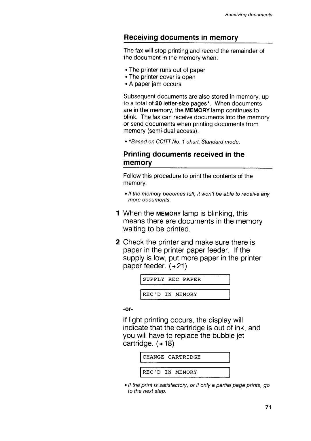 Canon B75 manual Receivingdocumentsin memory, Printingdocumentsreceivedin the memory, Memory 