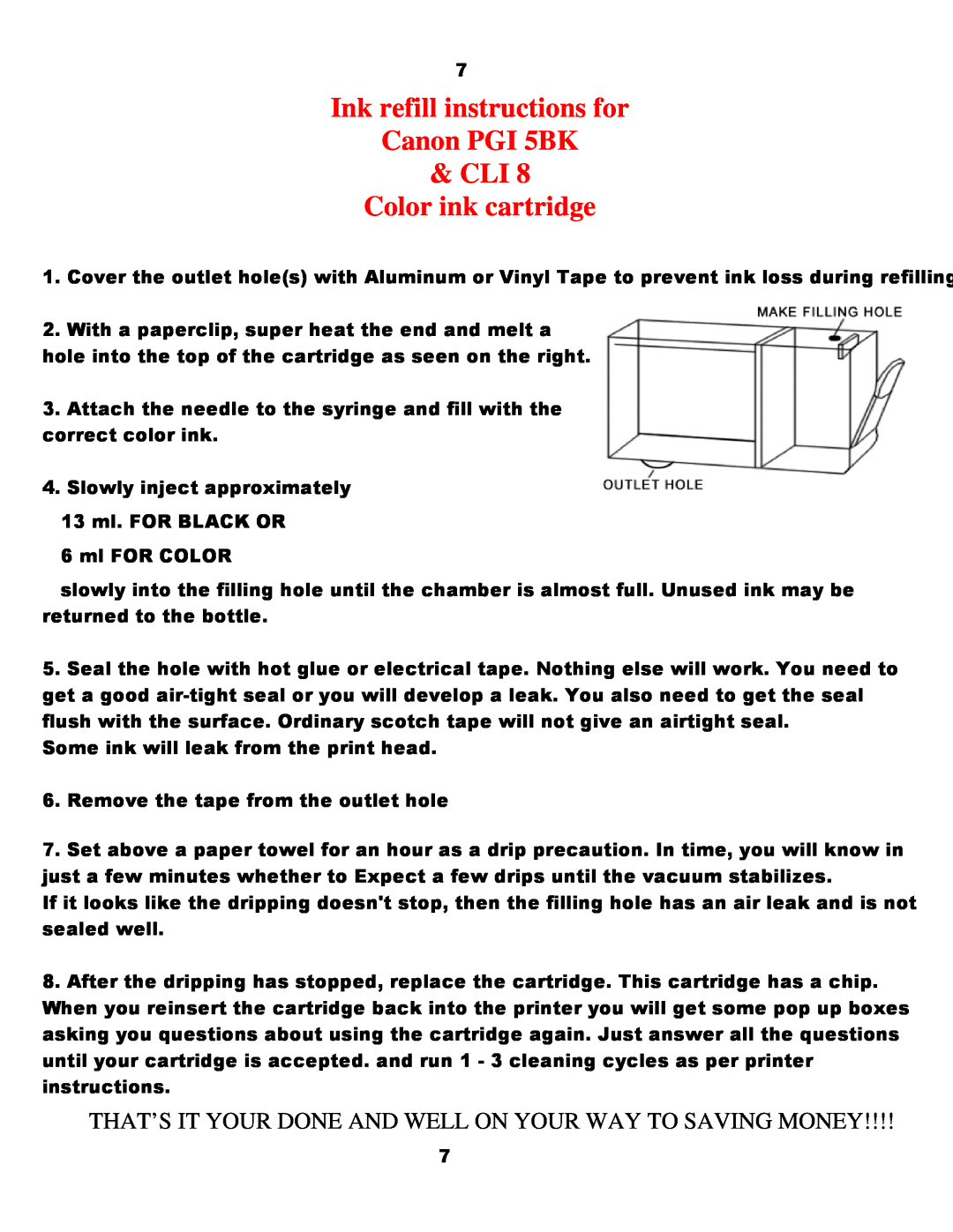 Canon BCI-21 manual Ink refill instructions for Canon PGI 5BK CLI Color ink cartridge 