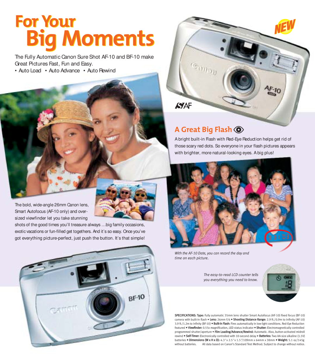 Canon BF-10, AF-10 manual Big Moments, For Your, A Great Big Flash y, Auto Load Auto Advance Auto Rewind 