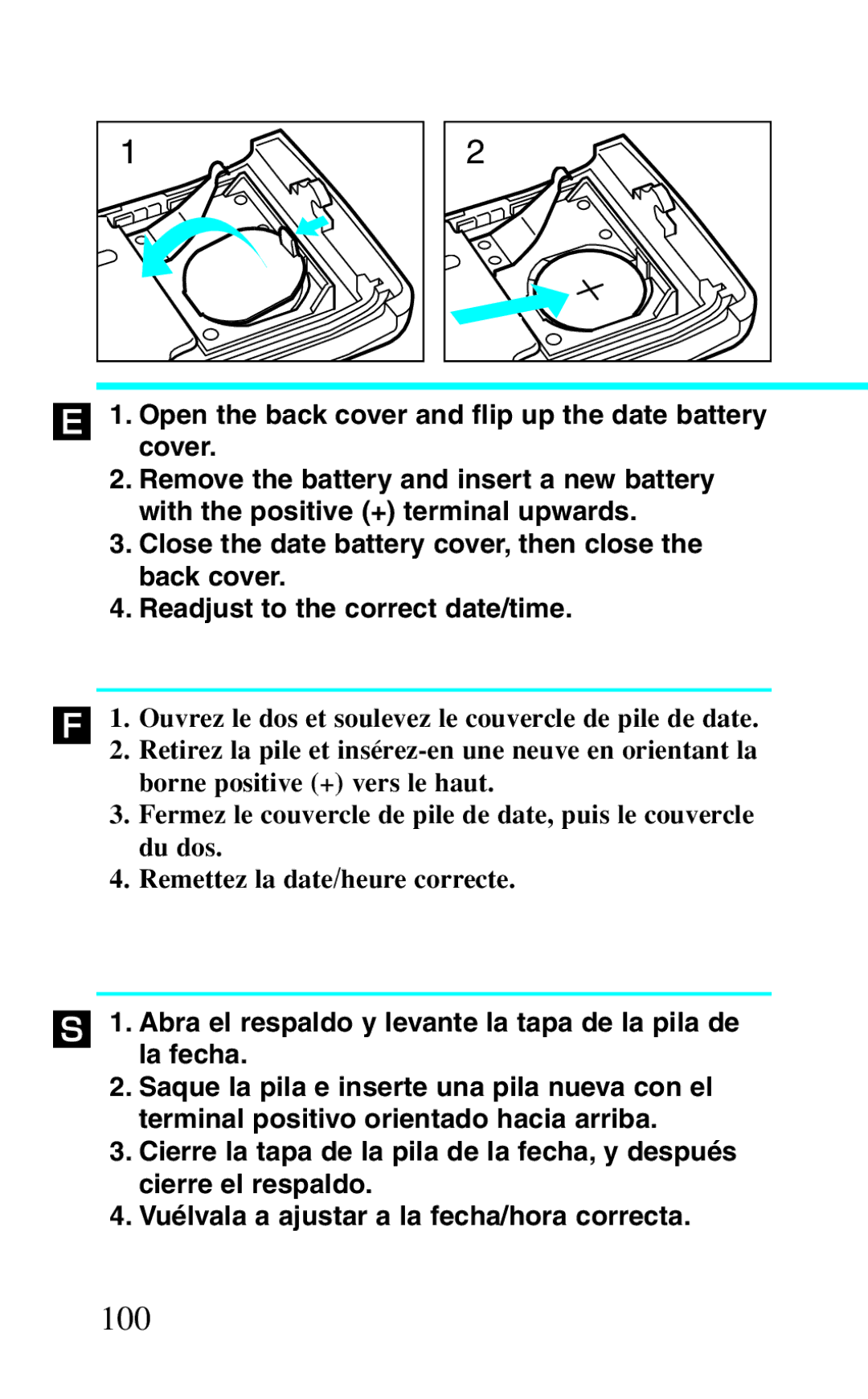 Canon BF-8 manual 100, ´ 1. Open the back cover and flip up the date battery cover 