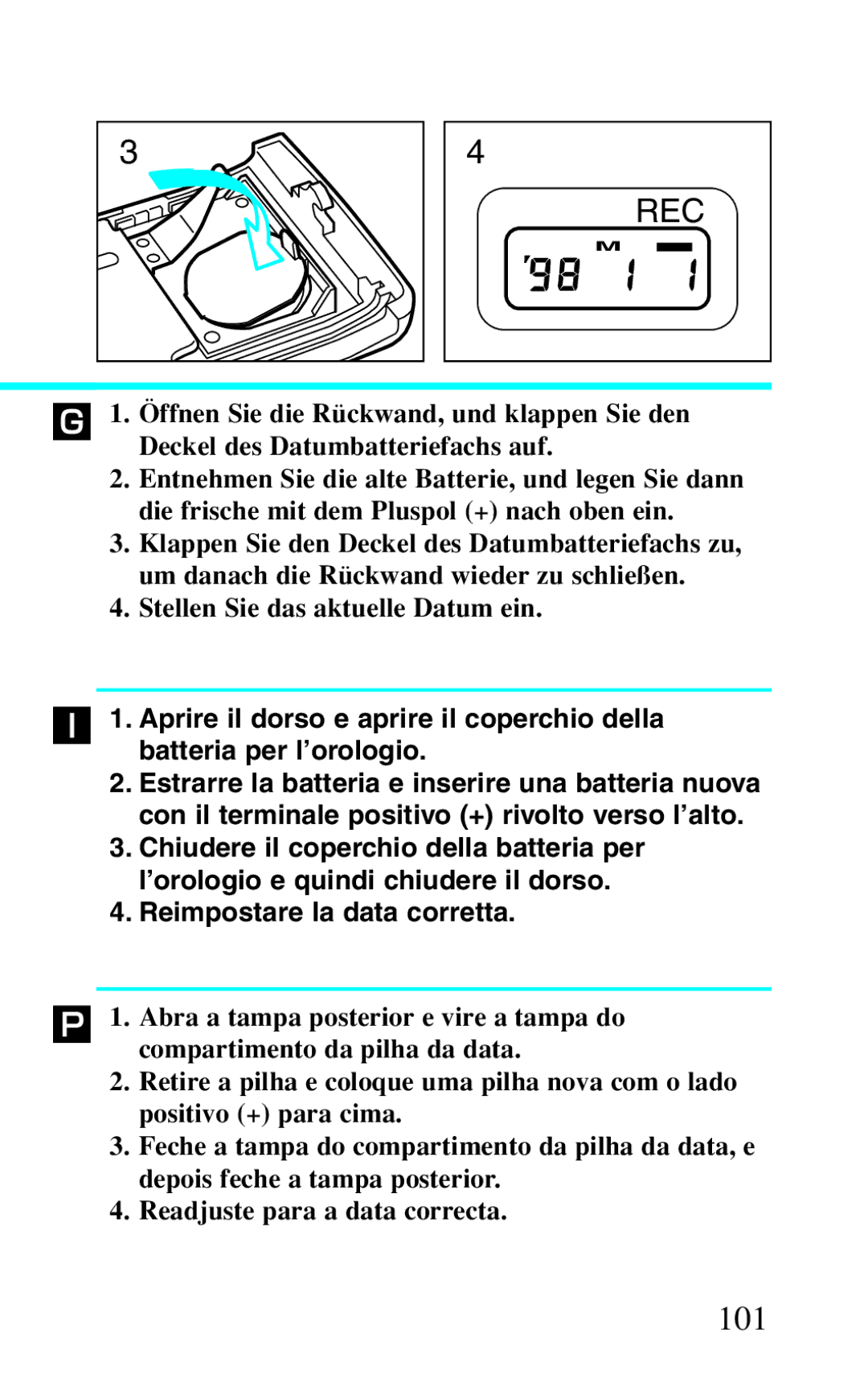 Canon BF-8 manual 101, Stellen Sie das aktuelle Datum ein, Reimpostare la data corretta 