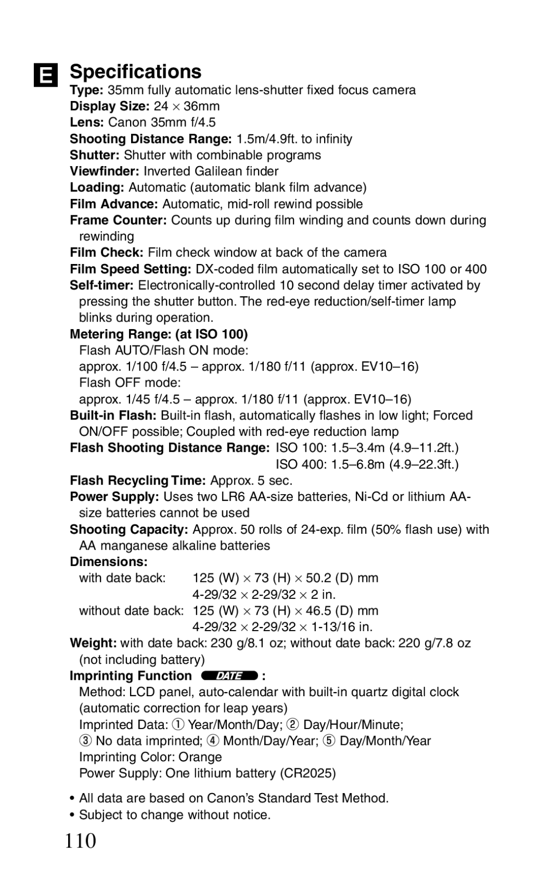 Canon BF-8 manual 110, ´ Specifications 