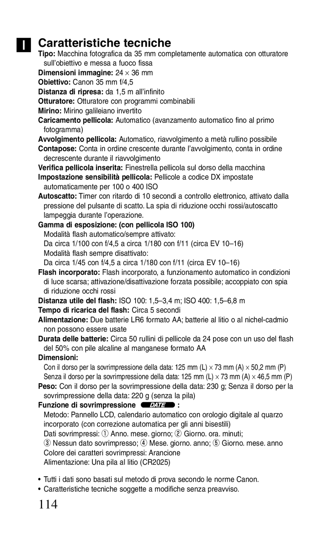 Canon BF-8 manual 114, Caratteristiche tecniche 