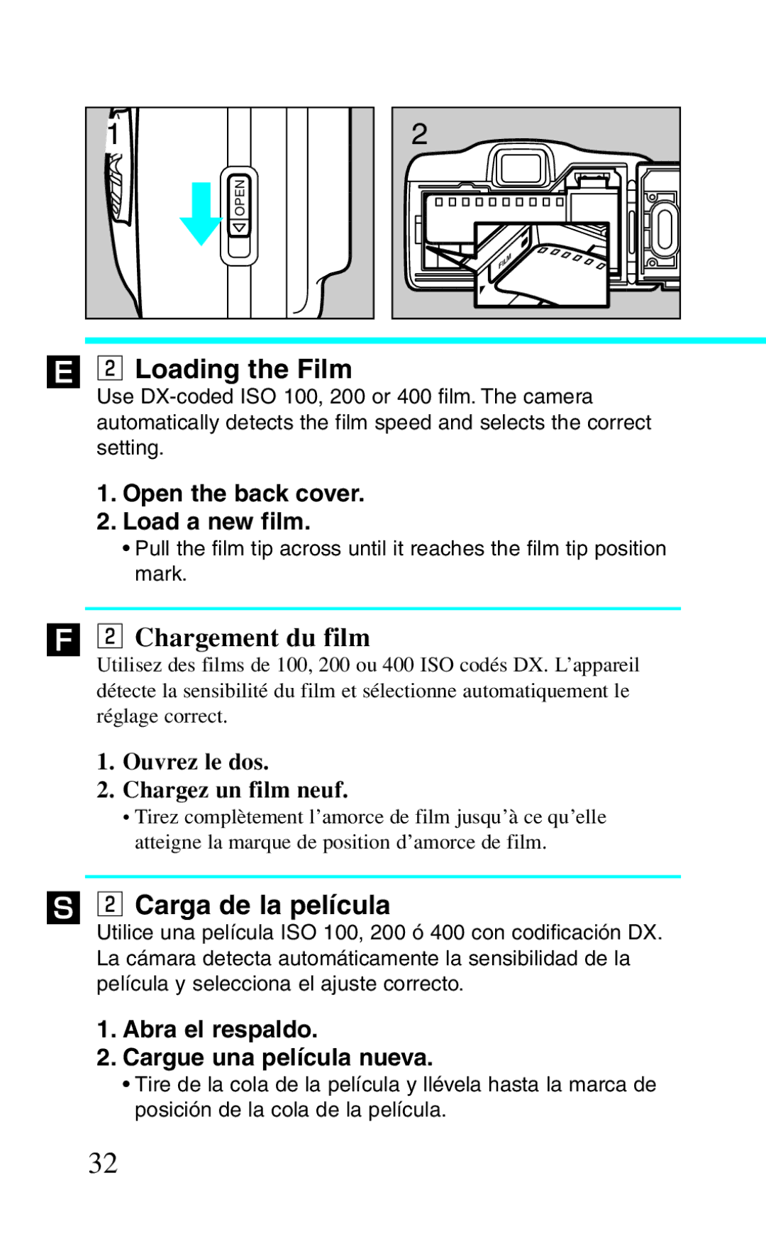 Canon BF-8 manual ´ x Loading the Film, Chargement du film, Carga de la película, Open the back cover Load a new film 