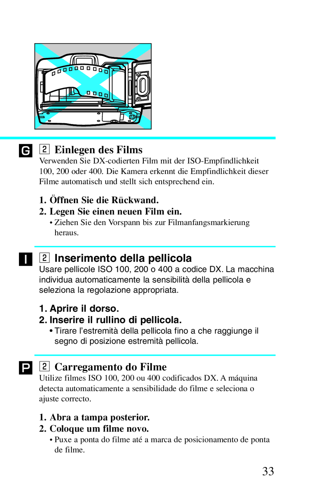 Canon BF-8 manual ˝ x Einlegen des Films, Inserimento della pellicola, ∏ x Carregamento do Filme 