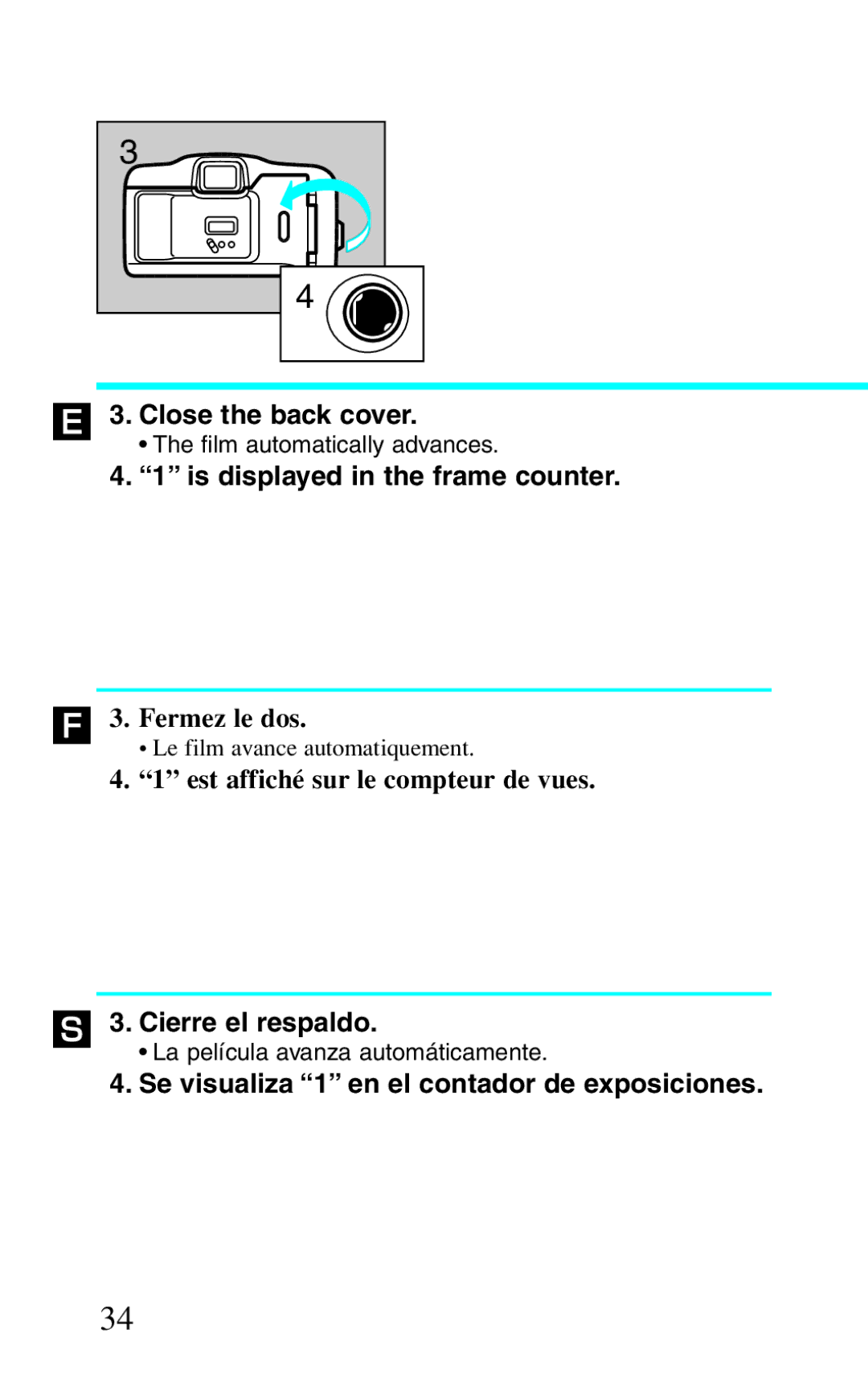 Canon BF-8 manual ´ 3. Close the back cover, Is displayed in the frame counter, Cierre el respaldo 