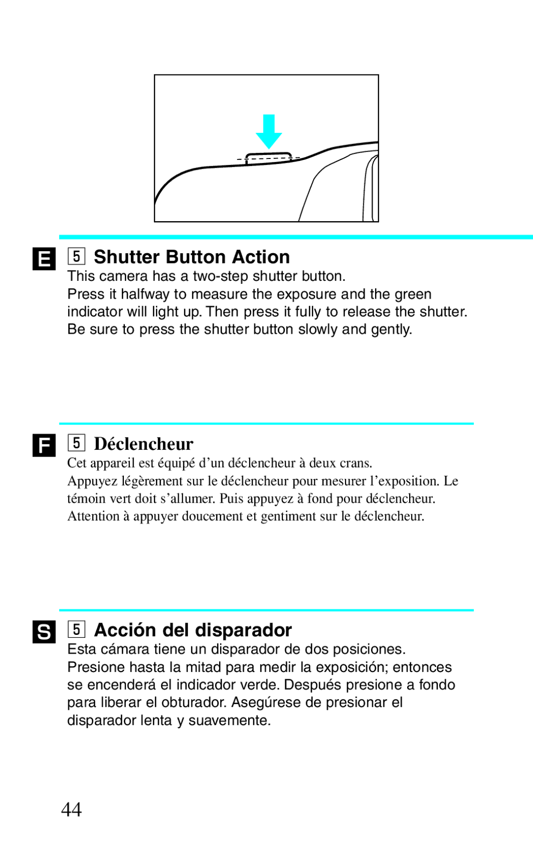 Canon BF-8 manual Shutter Button Action, Déclencheur, Acción del disparador 