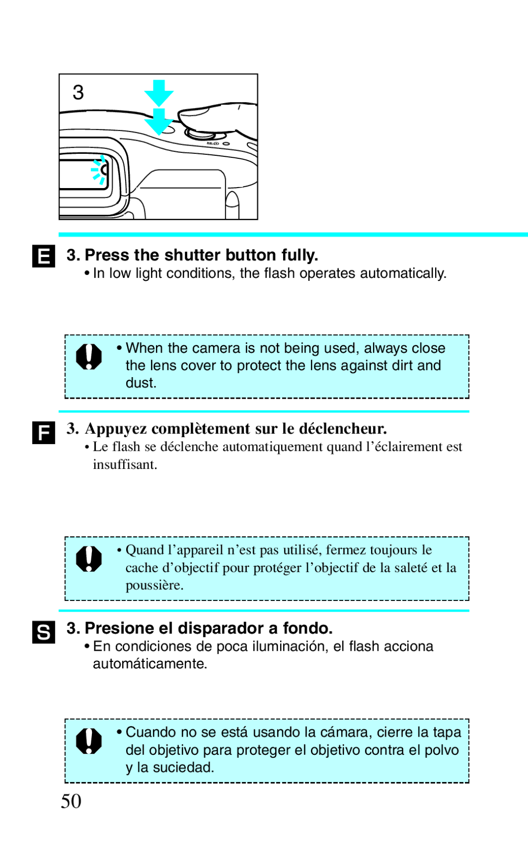 Canon BF-8 ´ 3. Press the shutter button fully, Appuyez complètement sur le déclencheur, Presione el disparador a fondo 