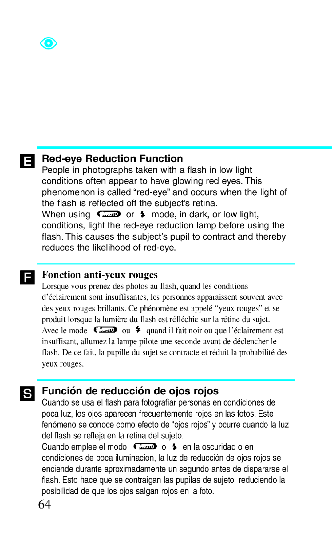 Canon BF-8 manual ´ Red-eye Reduction Function, Fonction anti-yeux rouges, Función de reducción de ojos rojos 