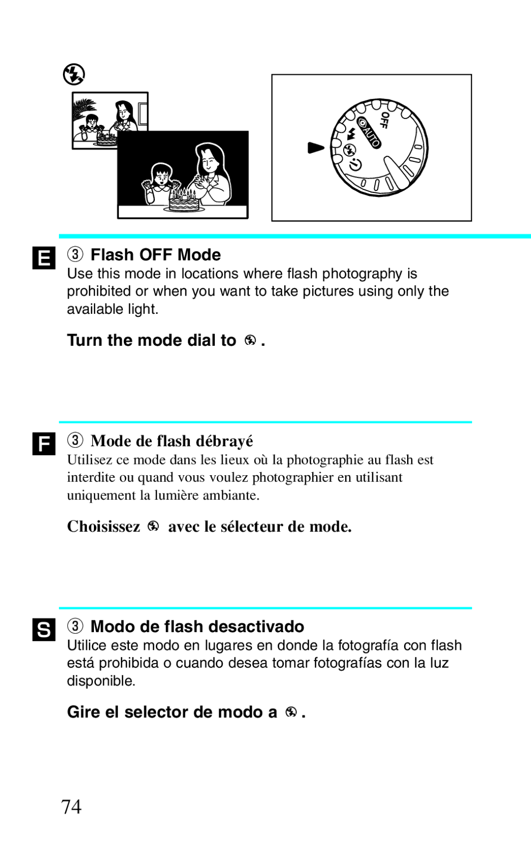 Canon BF-8 manual ´ e Flash OFF Mode, Mode de flash débrayé, Modo de flash desactivado 