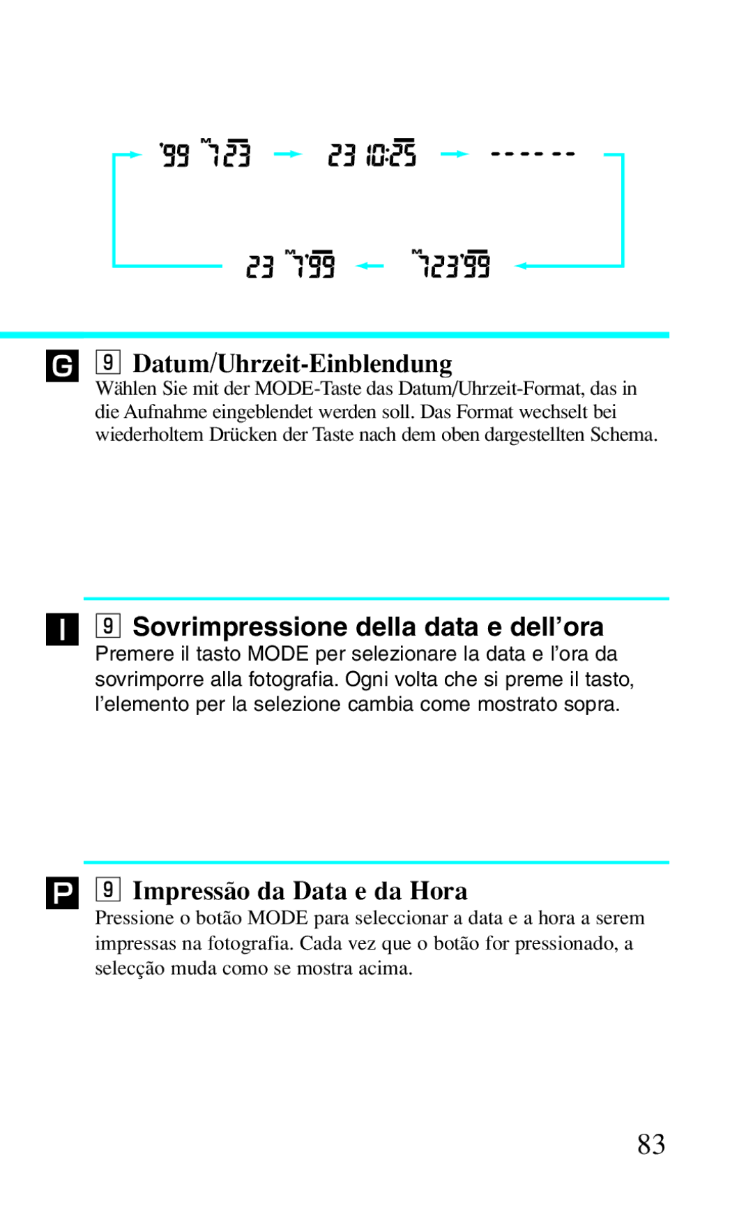 Canon BF-8 manual Datum/Uhrzeit-Einblendung, Sovrimpressione della data e dell’ora, Impressão da Data e da Hora 