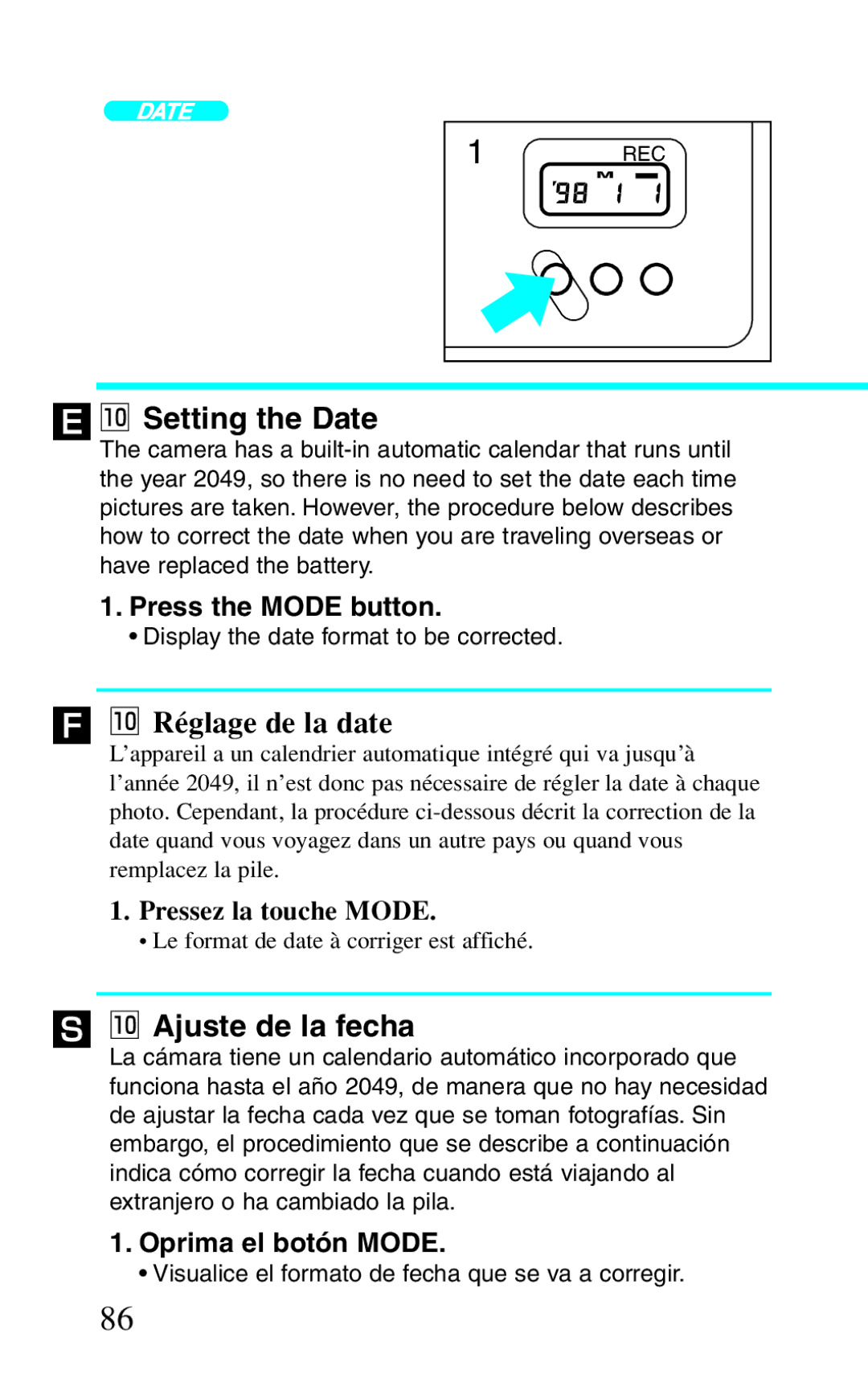 Canon BF-8 ´ ⁄0Setting the Date, ⁄0Réglage de la date, ⁄0Ajuste de la fecha, Press the Mode button, Oprima el botón Mode 