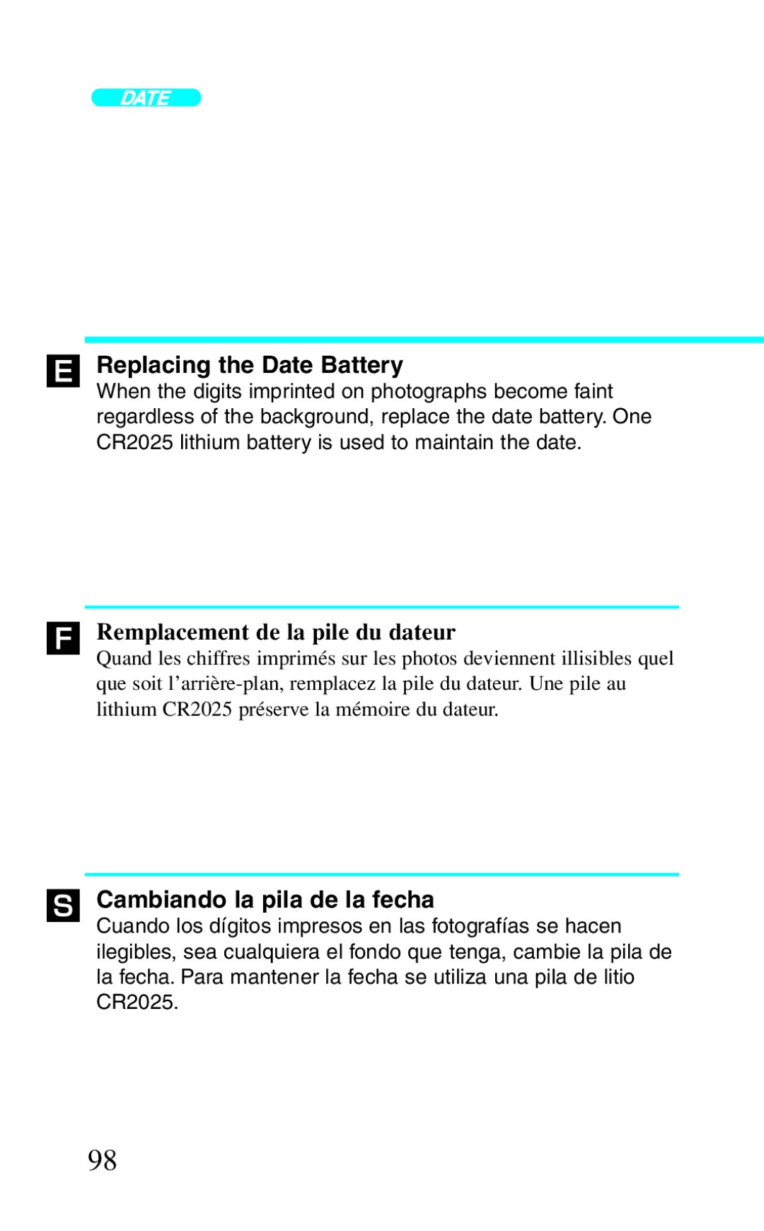 Canon BF-8 manual Replacing the Date Battery, Remplacement de la pile du dateur, Cambiando la pila de la fecha 