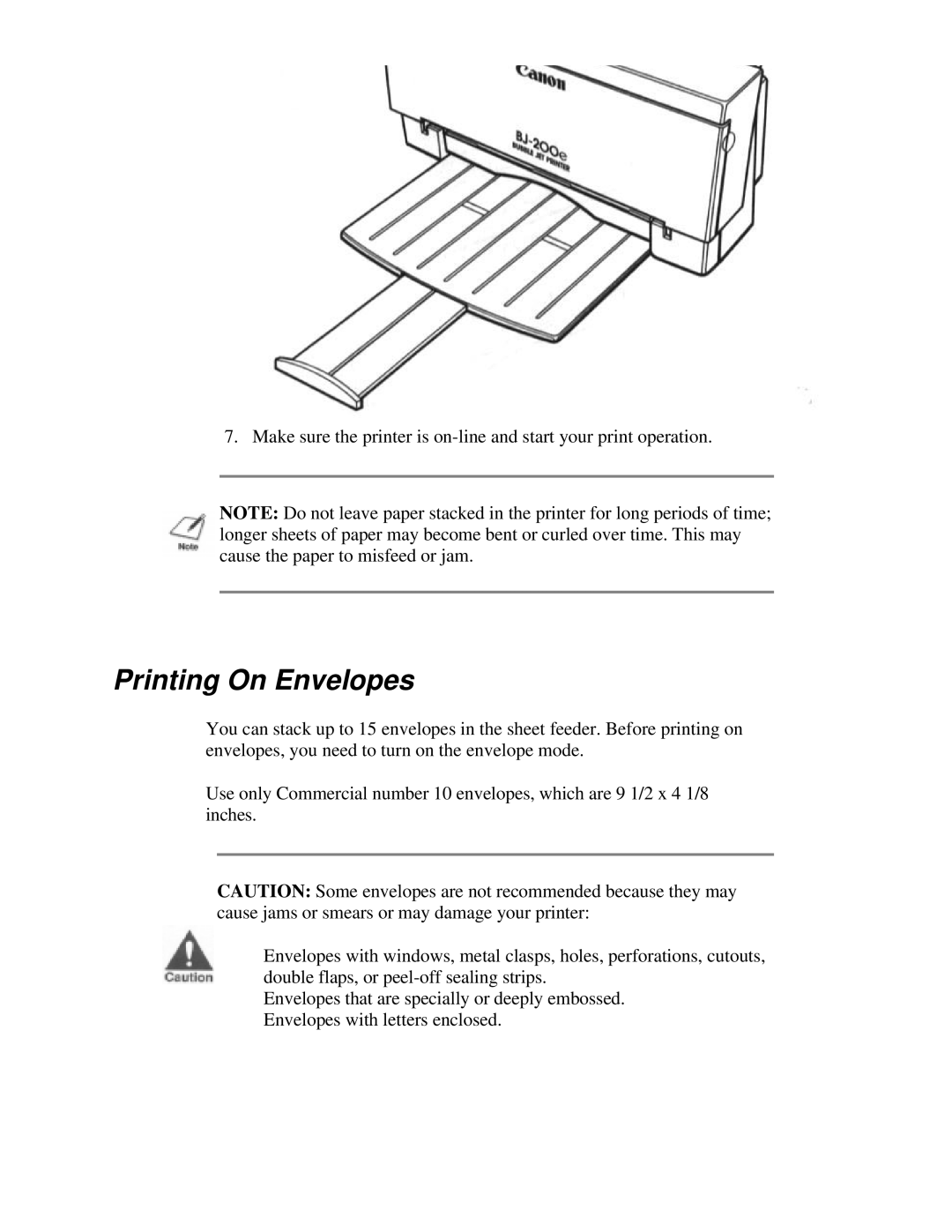 Canon BJ-200e user manual Printing On Envelopes 