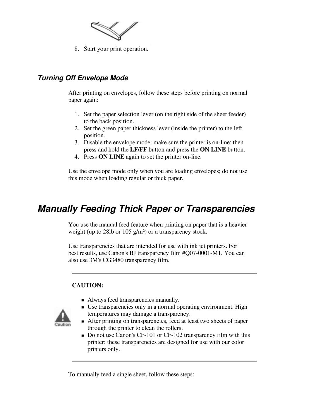 Canon BJ-200e user manual Manually Feeding Thick Paper or Transparencies, Turning Off Envelope Mode 