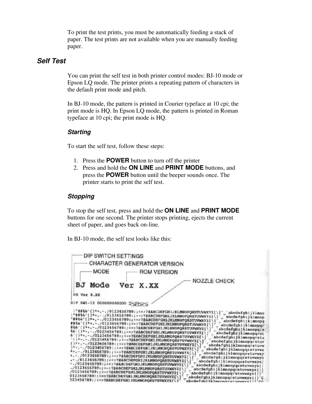 Canon BJ-200e user manual Self Test, Starting 