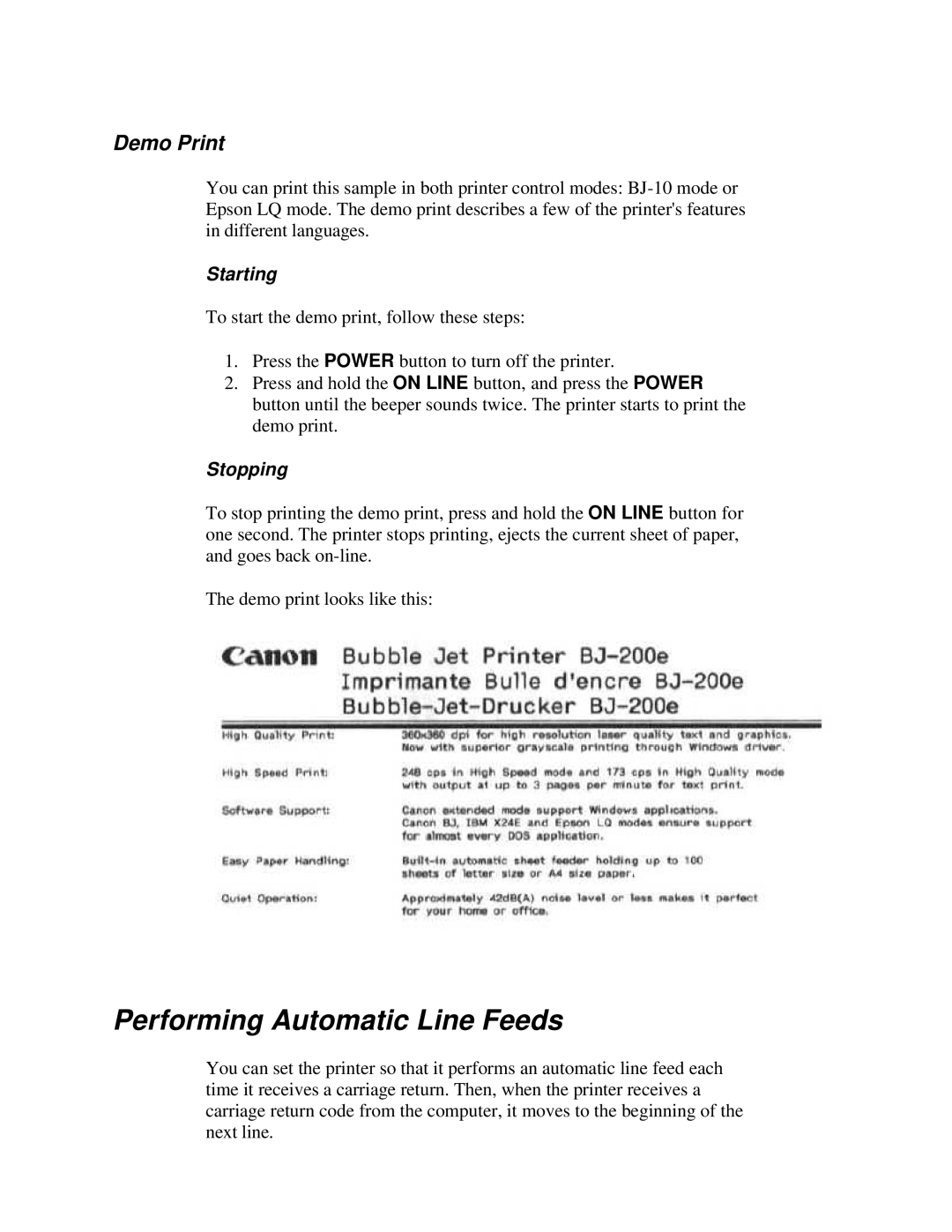 Canon BJ-200e user manual Performing Automatic Line Feeds, Demo Print 