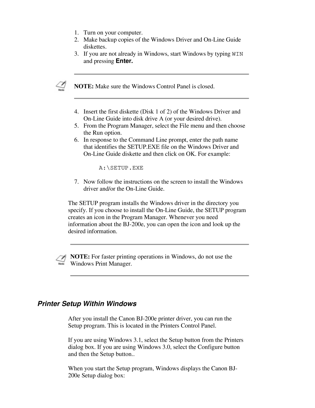 Canon BJ-200e user manual Printer Setup Within Windows 