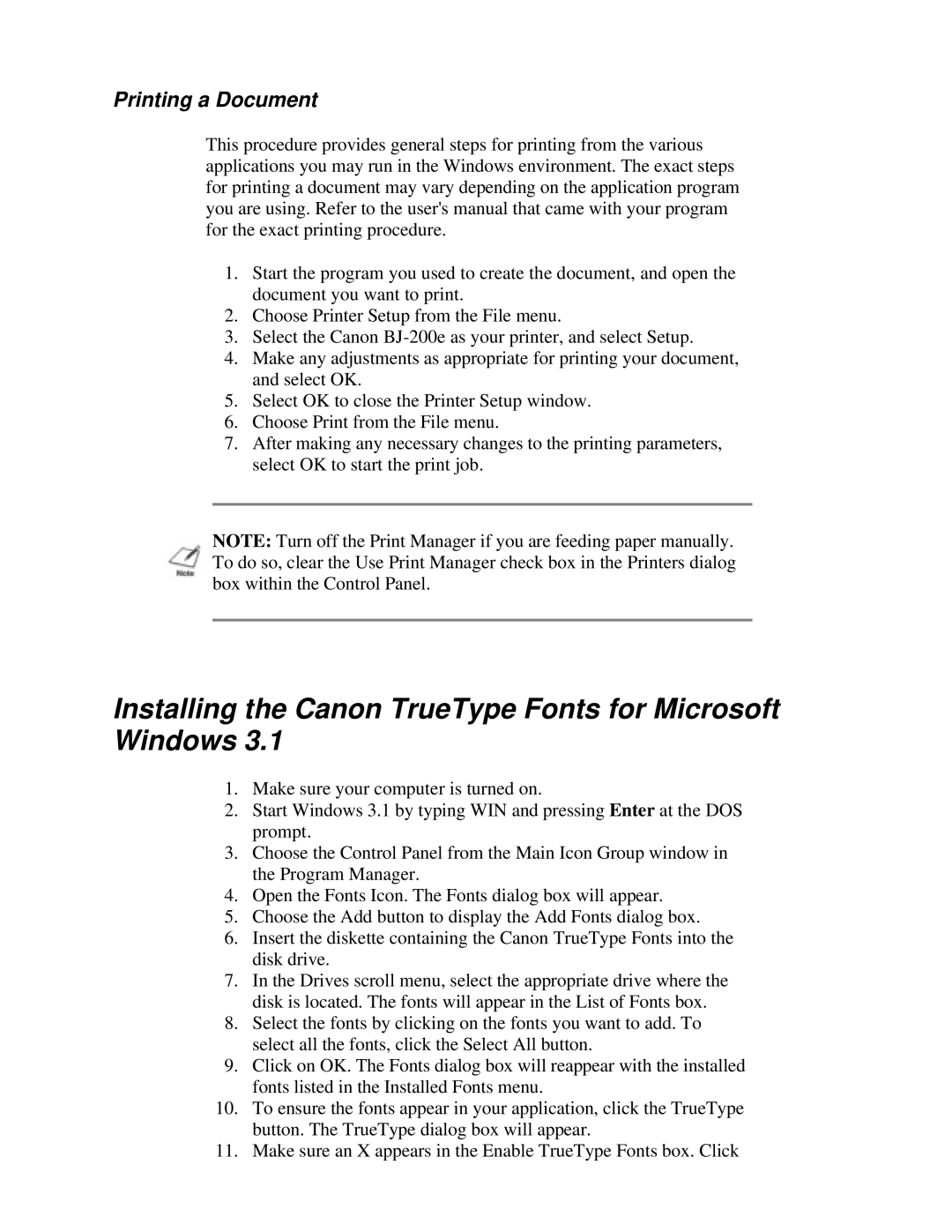 Canon BJ-200e user manual Installing the Canon TrueType Fonts for Microsoft Windows, Printing a Document 