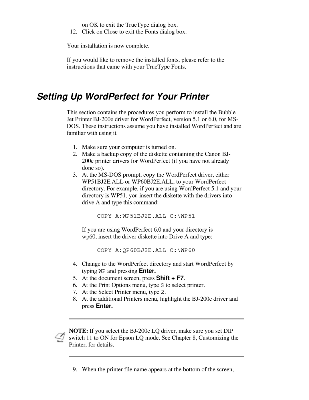 Canon BJ-200e user manual Setting Up WordPerfect for Your Printer 