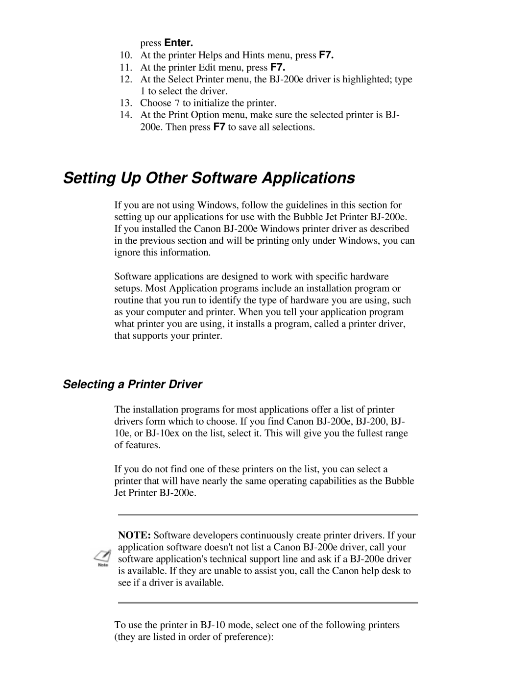 Canon BJ-200e user manual Setting Up Other Software Applications, Selecting a Printer Driver 