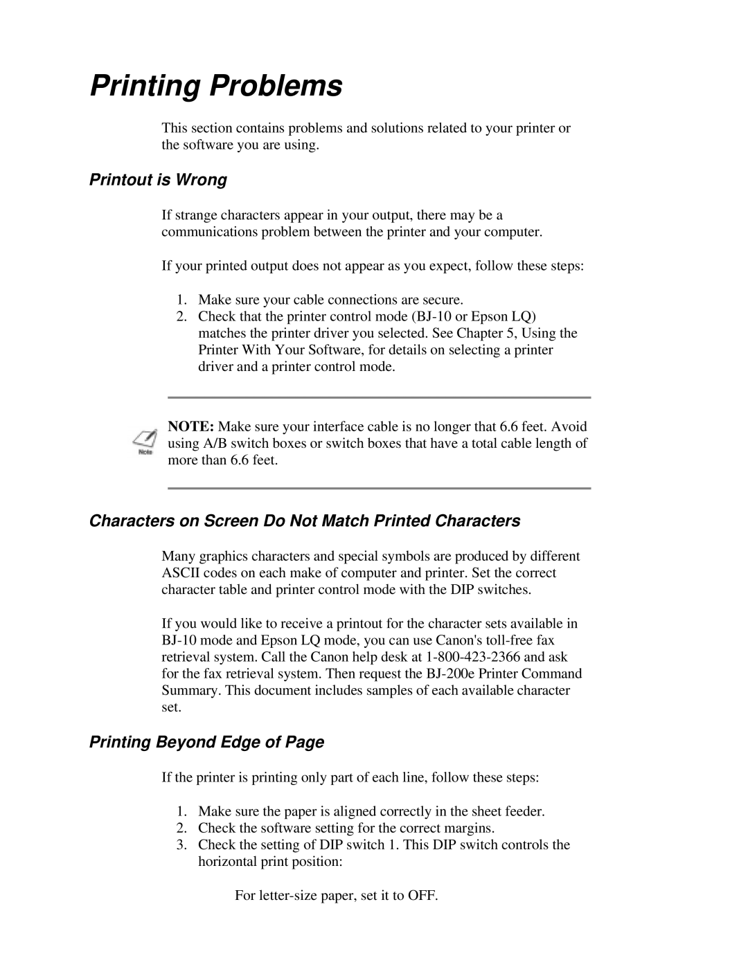 Canon BJ-200e user manual Printout is Wrong, Characters on Screen Do Not Match Printed Characters, Printing Beyond Edge 