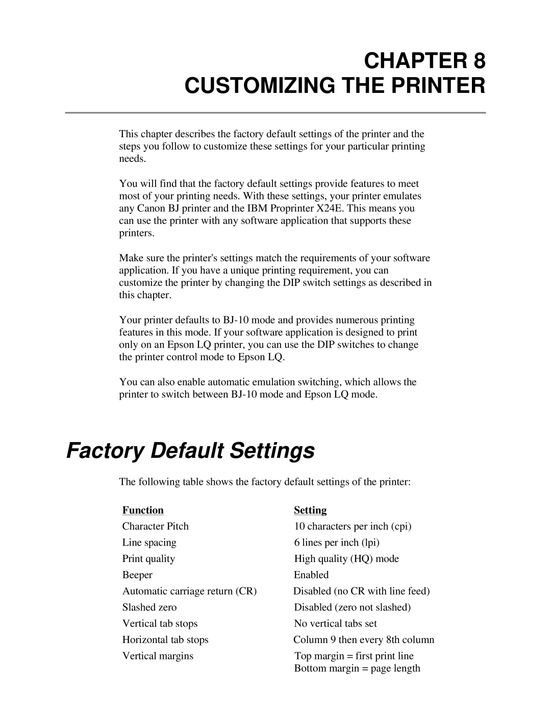 Canon BJ-200e user manual Chapter Customizing the Printer, Function Setting 