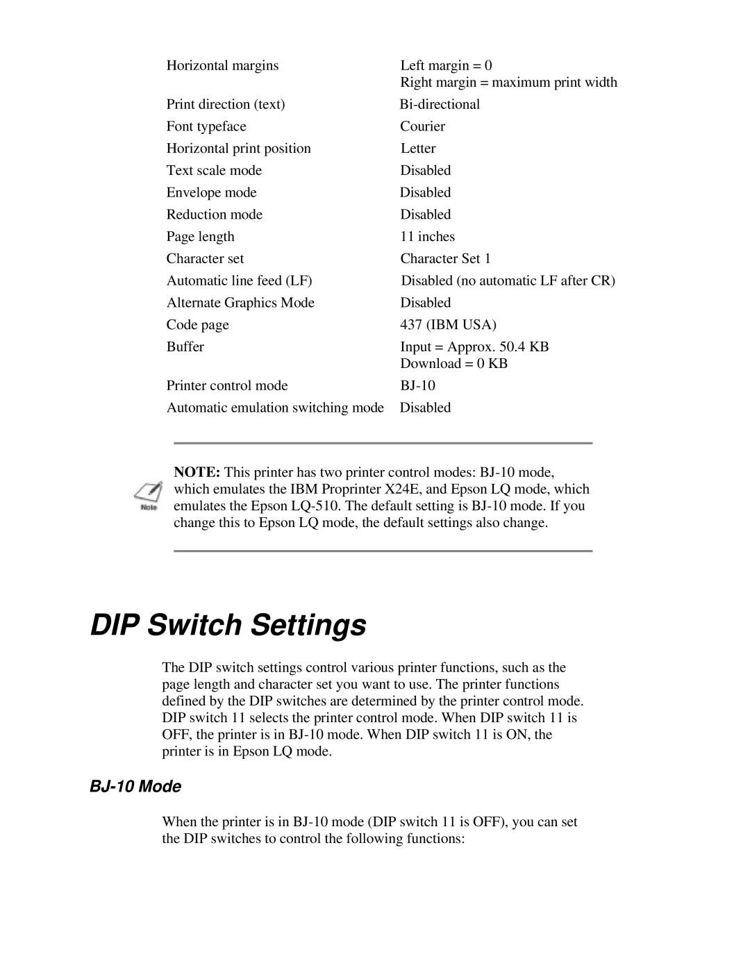 Canon BJ-200e user manual DIP Switch Settings, BJ-10 Mode 