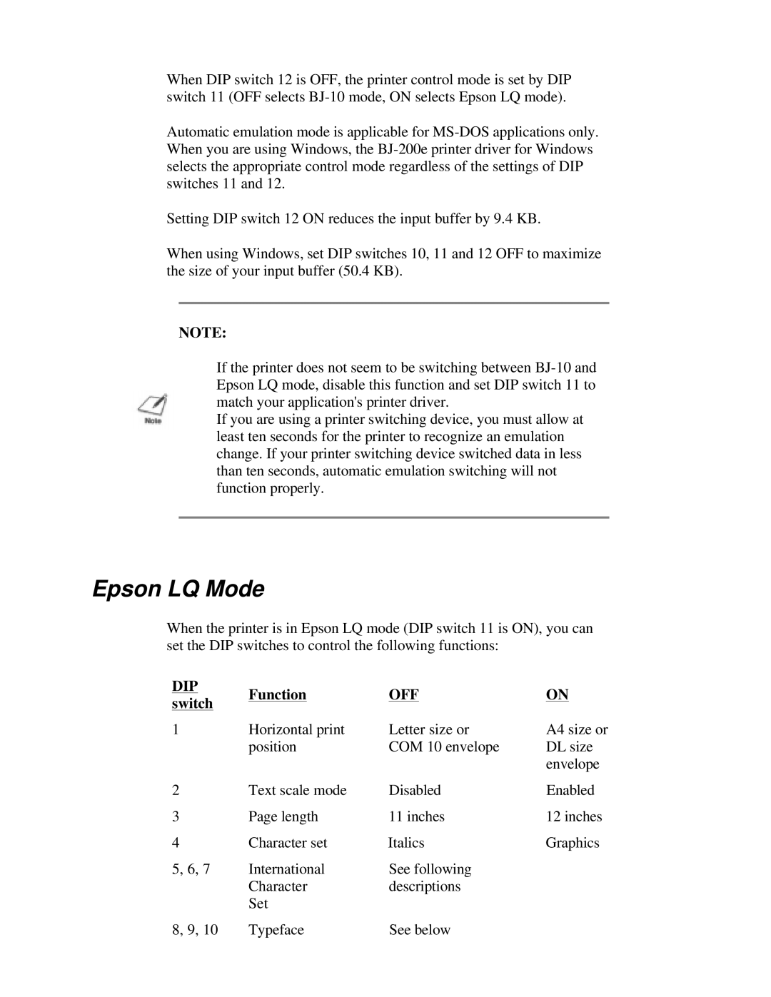 Canon BJ-200e user manual Epson LQ Mode 