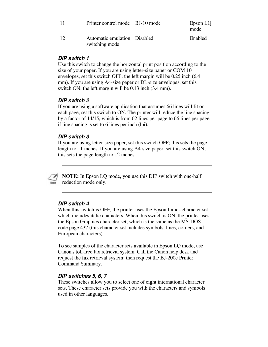 Canon BJ-200e user manual DIP switch 