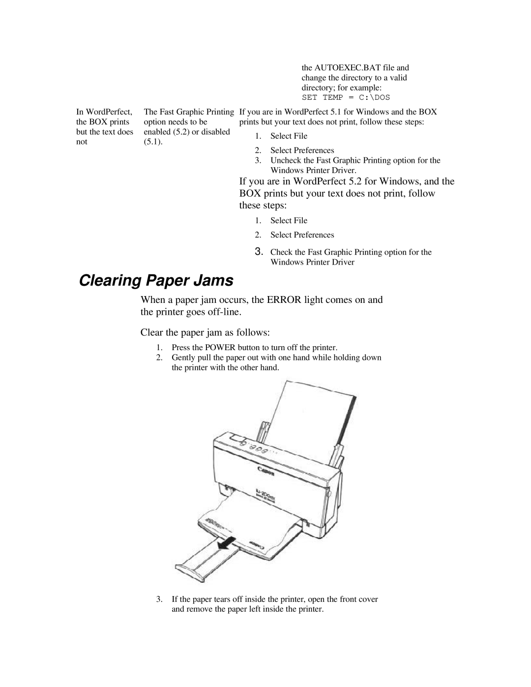 Canon BJ-200ex manual Clearing Paper Jams 