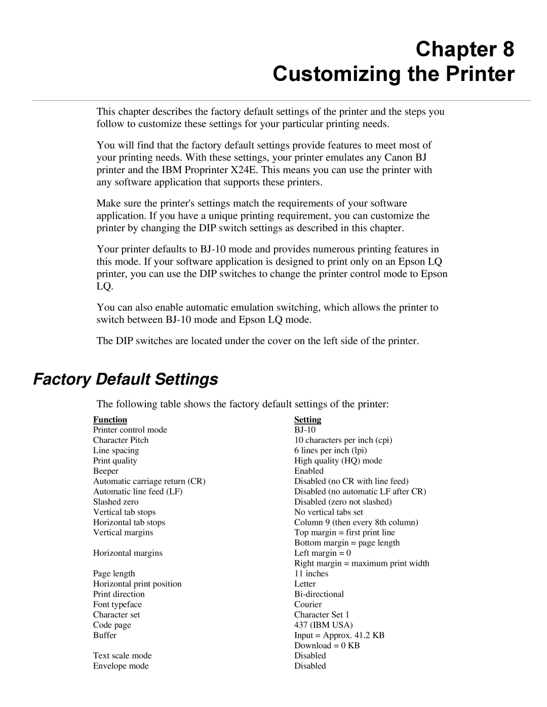 Canon BJ-200ex manual Chapter Customizing the Printer, Factory Default Settings, Function Setting 