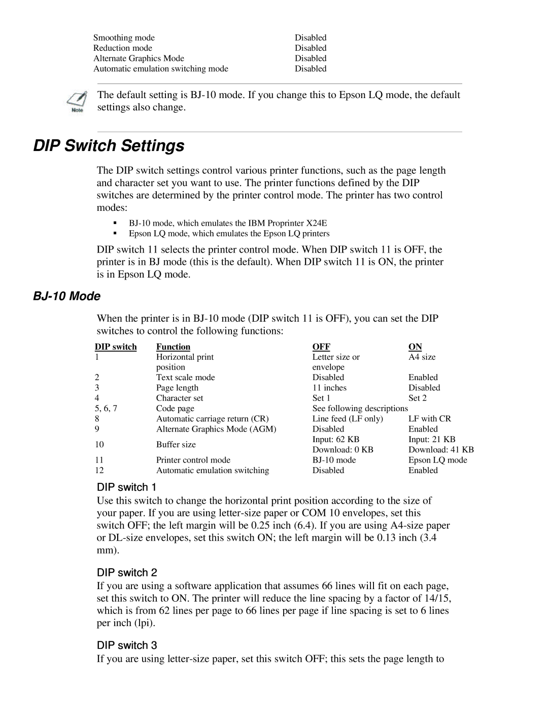 Canon BJ-200ex manual DIP Switch Settings, BJ-10 Mode, DIP switch Function 